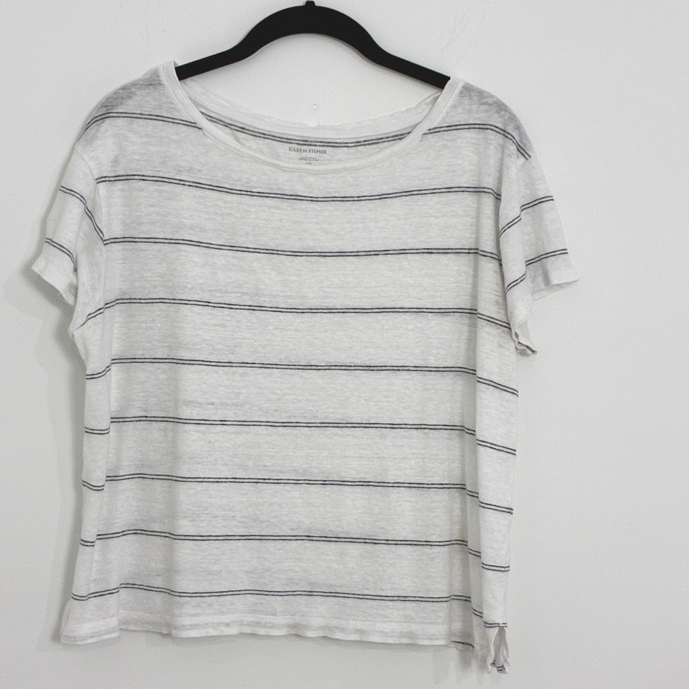 Eileen Fisher Striped Linen Top White Minimalist Coastal Large